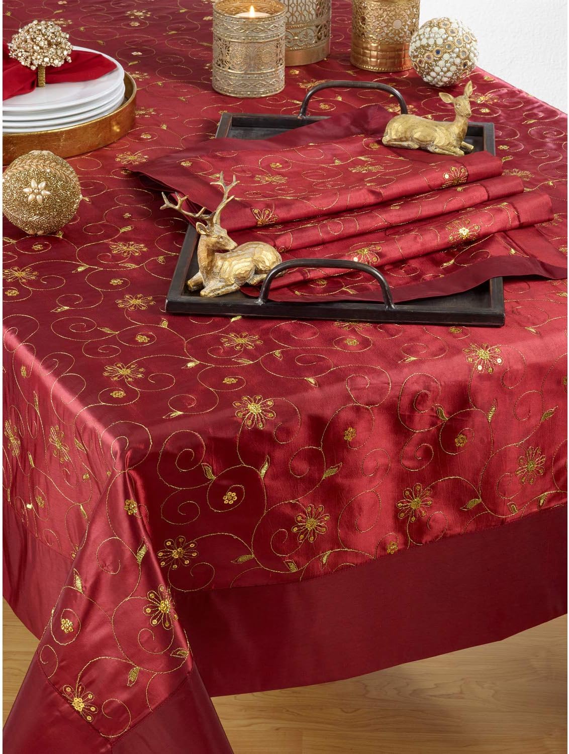 Burgundy with Gold Color Embroidered & Sequined Special Occasion Holiday Table Runner, 16" x 108" Rectangle