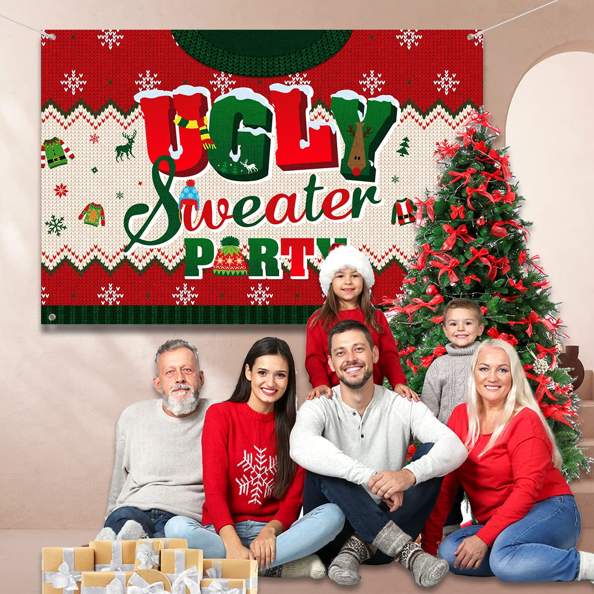 Hässlicher-Pullover-Party-Hintergrund 2,4x1,8 M – Vinyl-Fotohintergrund Für Weihnachtsfeiern & Fotos