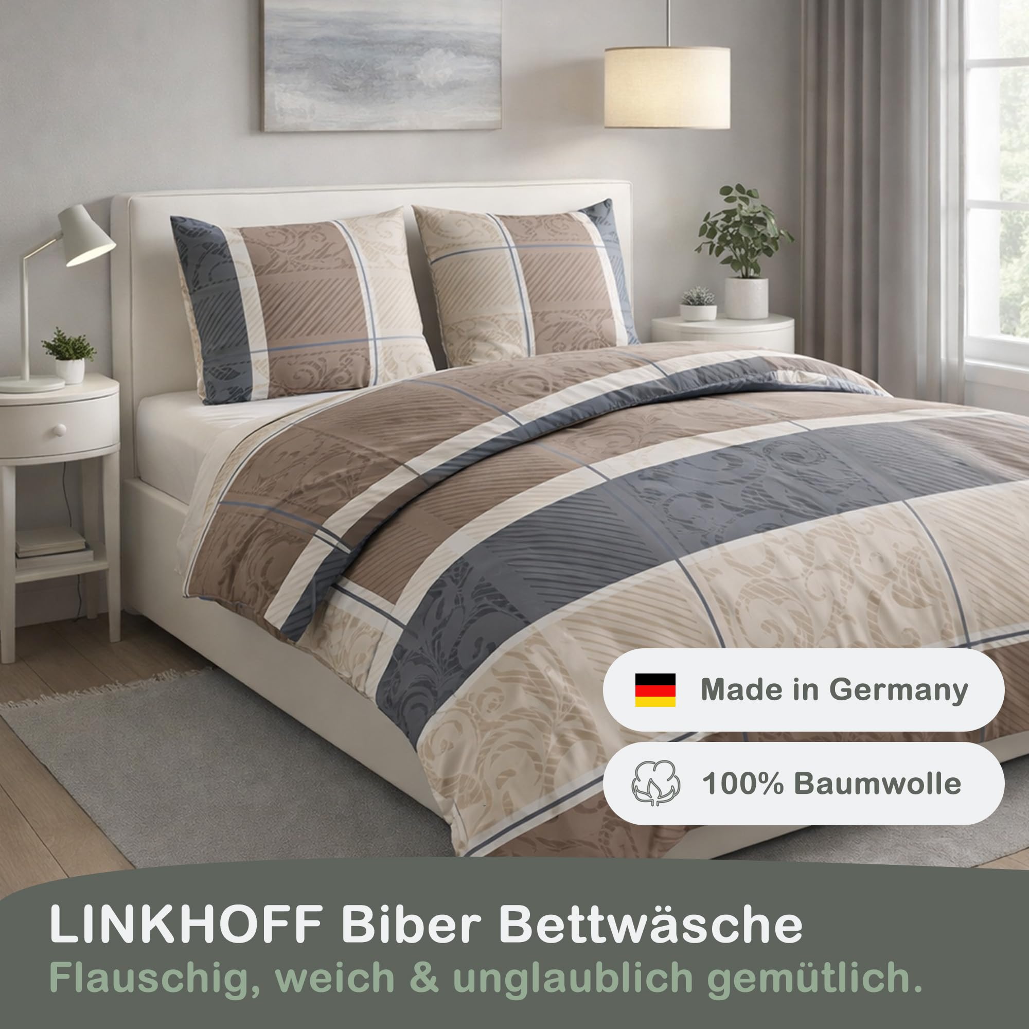 LINKHOFF Biancheria da letto in flanella, 155 x 220 cm, 2 pezzi, motivo Paisley, in flanella, colore beige, 100% cotone, federa 80 x 80 cm + copripiumino 155 x 220 cm