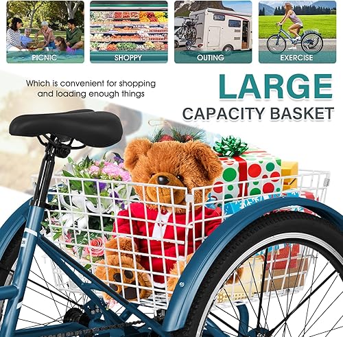 Vista 32 de MOPHOTO Triciclo de montaña para adultos, triciclo de montaña de 3 ruedas de 7 velocidades de 24 pulgadas y 26 pulgadas, triciclos de crucero