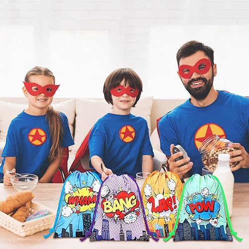 Miniatura 5 de Honoson 16 bolsas de regalo de fiesta de héroe, bolsas con cordón de temática de héroe, bolsas de regalo de héroe de cómic, bolsas de dulces para