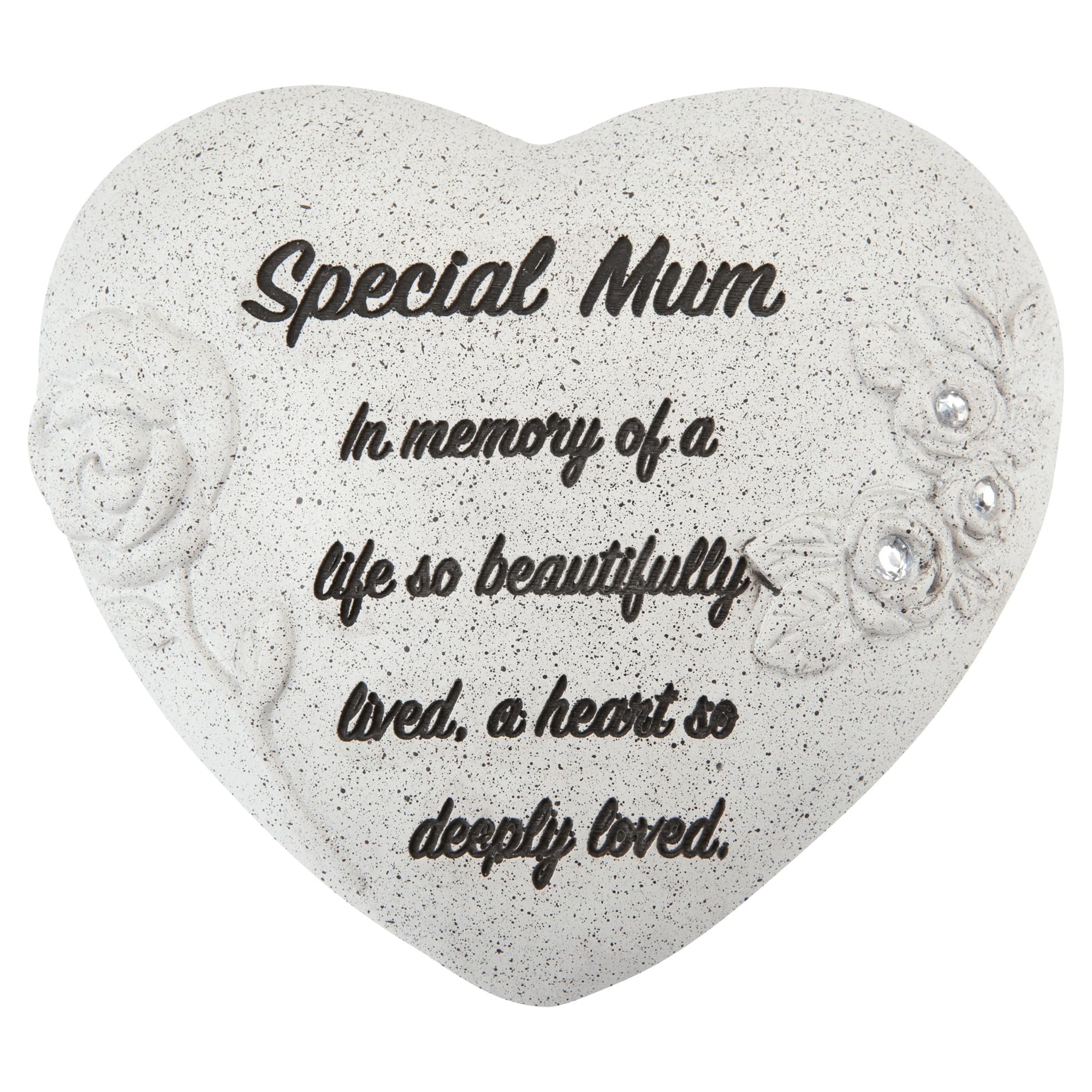 PMS Special Mum Memorial Heart Ornament – Polyresin Graveside Tribute with Floral Detailing & Diamantes – Thoughtful Sympathy Keepsake for Cemetery, Garden or Home – 16 x 14 cm
