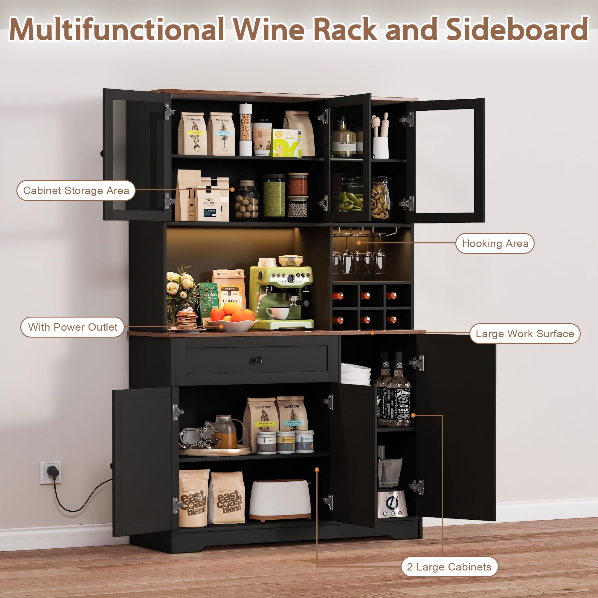 Küchenschrank Buffetschrank, Küchenschränke mit 6-Fach Weinregal, Sideboard mit LED-Licht, Steckdose, Verstellbare Böden, Anti-Kipp, Küchenbuffet für Küche, Esszimmer, Wohnzimmer (Schwarz)
