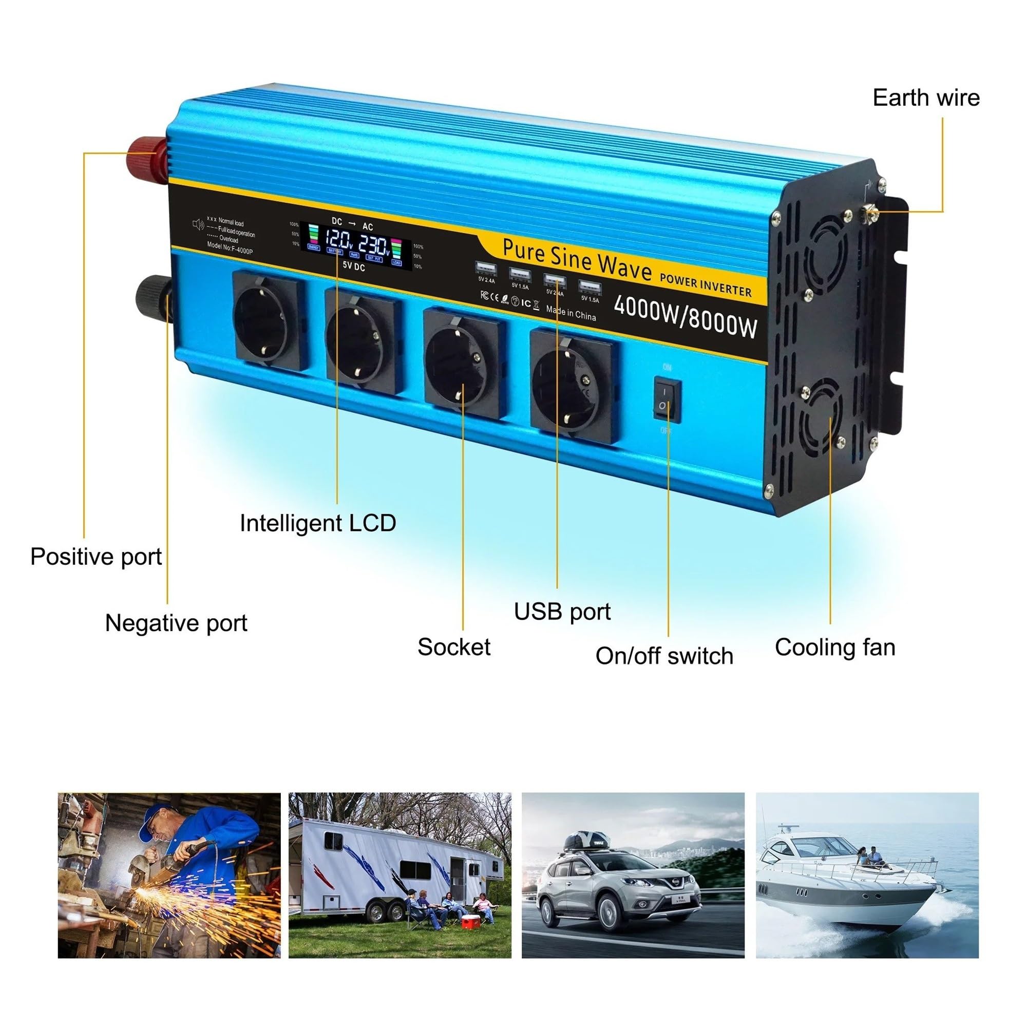 Convertidor Inversor Transformador Inversor De Onda Sinusoidal Pura 4000 W/6000 W/8000 W CC 12 V/24 V - CA 220 V/230 V Pantalla LCD Control Remoto Varios Enchufes UE(DC24V,220V 60Hz,6000W EU)