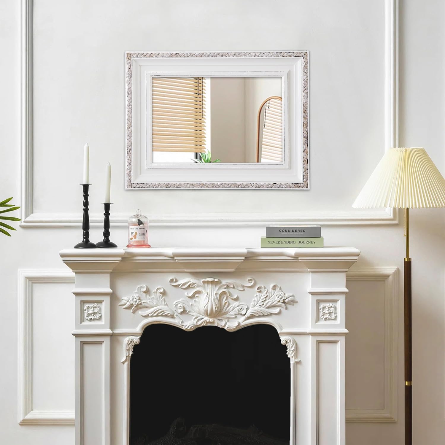 Boho Rattan Mirrors for Wall Decor Living Room 24 X 32 Inch, Distressed White Wood Frame Rectangle Farmhouse Rustic Mirror for Bathroom Hallway Entryway, Horizontal or Vertical Hanging