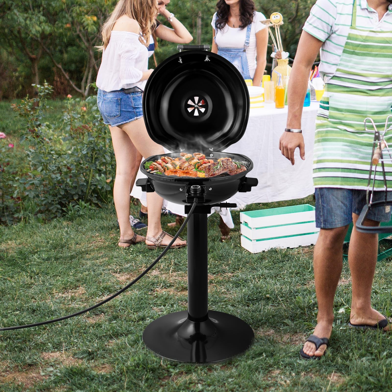 Parrilla eléctrica de 1600 W para exteriores, parrilla de campamento independiente de 15 porciones con estante de calentamiento, bandeja de goteo de aceite extraíble, control de temperatura 9