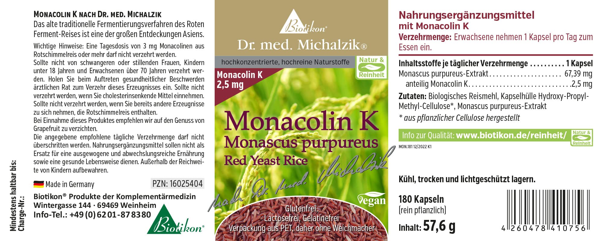 Monacolin K [Monakolin] Dr. med. Michalzik | Tagesdosis - Monascus-Extrakt [67,39mg] davon Monacolin K [2,5mg] | Monacolin K aus rotem Fermentreis - ohne Zusatzstoffe - von BIOTIKON®