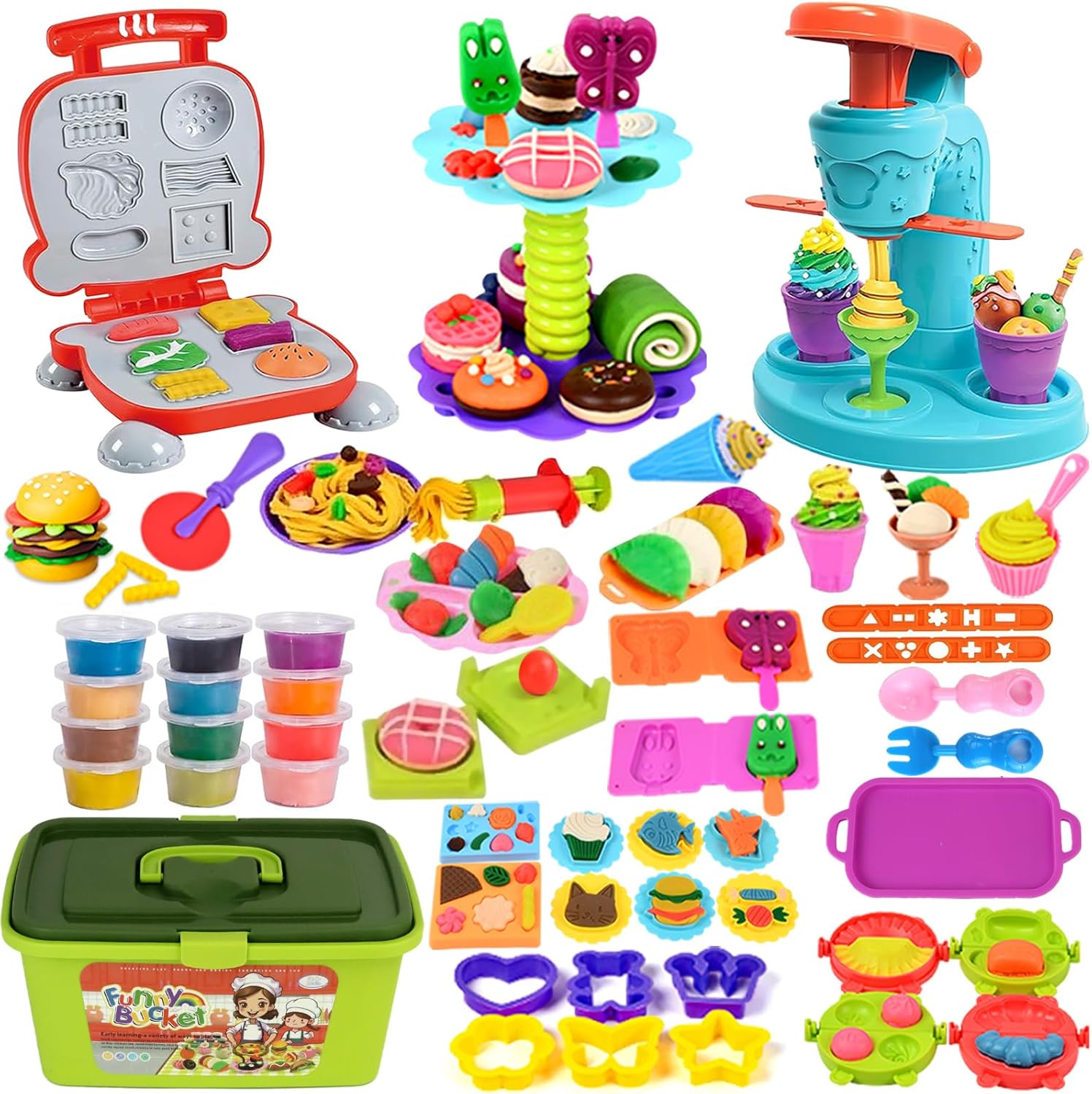 COREPR Toys 62 Pcs 3 in 1 Color Dough Kitchen Creations Food Modeling Playset with Portable Box,Ice Cream Hamburger Maker Machine and Dessert Stand with Tools Kit Art Craft Toys for Kids
