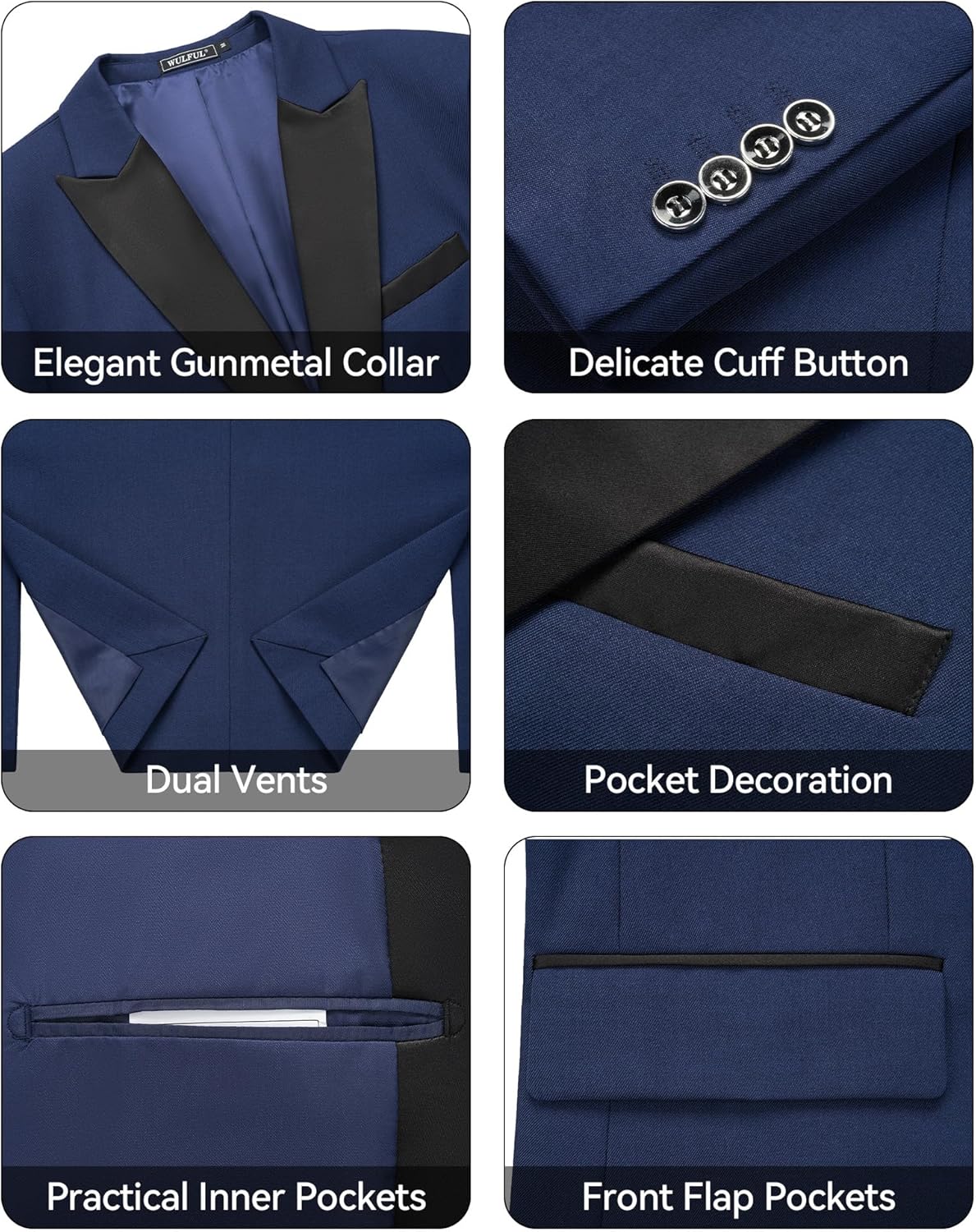 WULFUL Men's 3 Piece Suits Slim Fit Tuxedo Suit Set Double Breasted Suit Jacket Vest Pants Set for Wedding Prom - Image 5