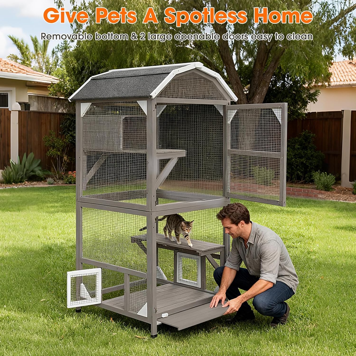 71" Catio Outdoor Cat Enclosure 4 Tiers Wooden Kitten House Cage for Indoor Cats with Removable Floor, Window Access, Upgraded Resting Box, Waterproof Roof