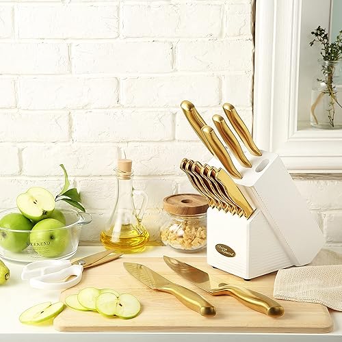 Miniatura 7 de KYA23 - Juego de cuchillos de titanio dorado con soporte acrílico + Marco Almond MA21 juego de cuchillos dorados de 14 piezas