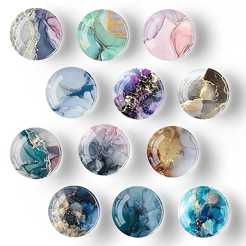 Poitvd 12Pcs Glass Strong Magnetic Refrigerator Magnet Fridge Sticker,Marble Crystal Fridge Magnets Decoration for Crafts,Fridge Magnets for Kitchen, Office Whiteboard, Cabinet and Dishwasher - Marbling02