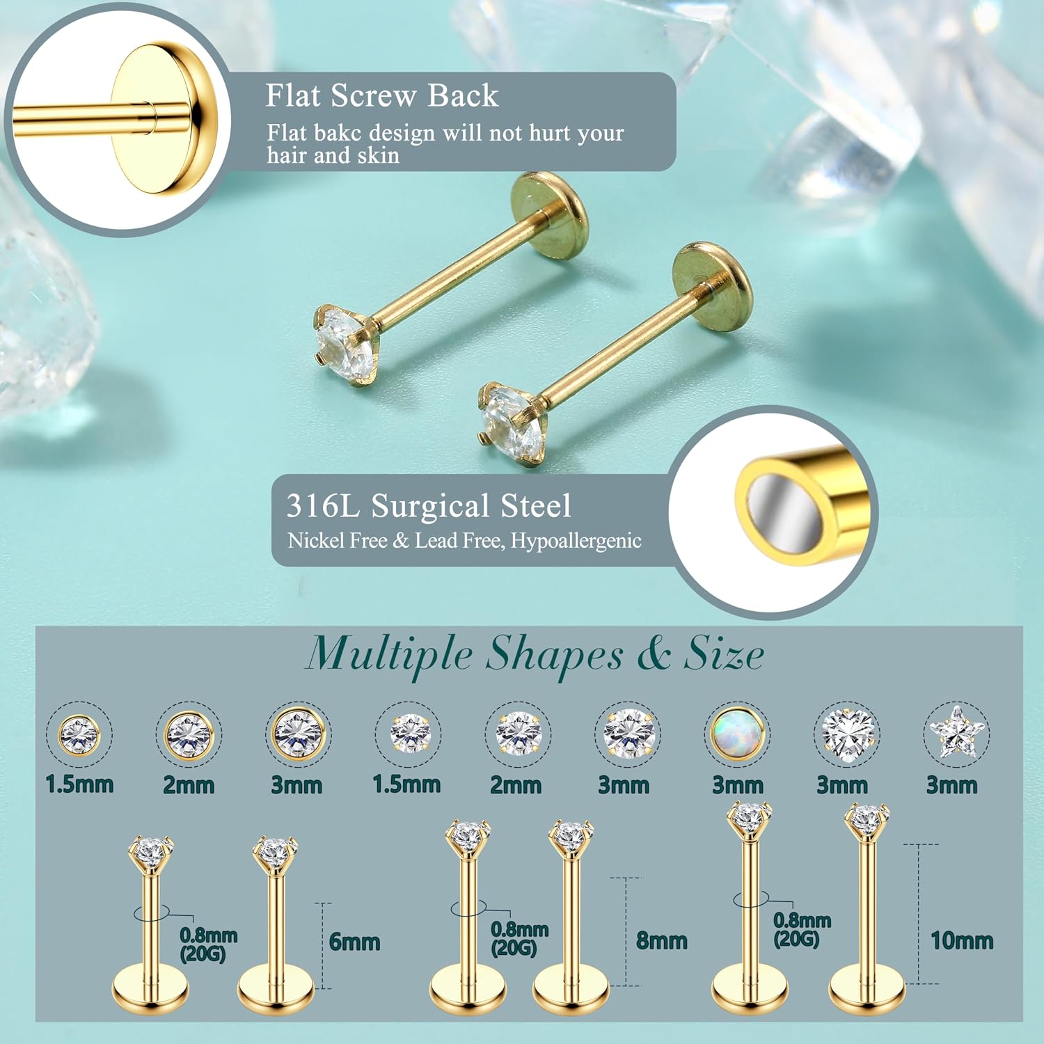 ZELORES 14K Gold Plated Threadless Nose Studs for Women Men 316L Stainless Steel Labret Stud Push In Nose Ring Stud Monroe Lip Rings CZ Opal Flat Back Nose Piecing Jewelry 1.5mm 2mm 3mm