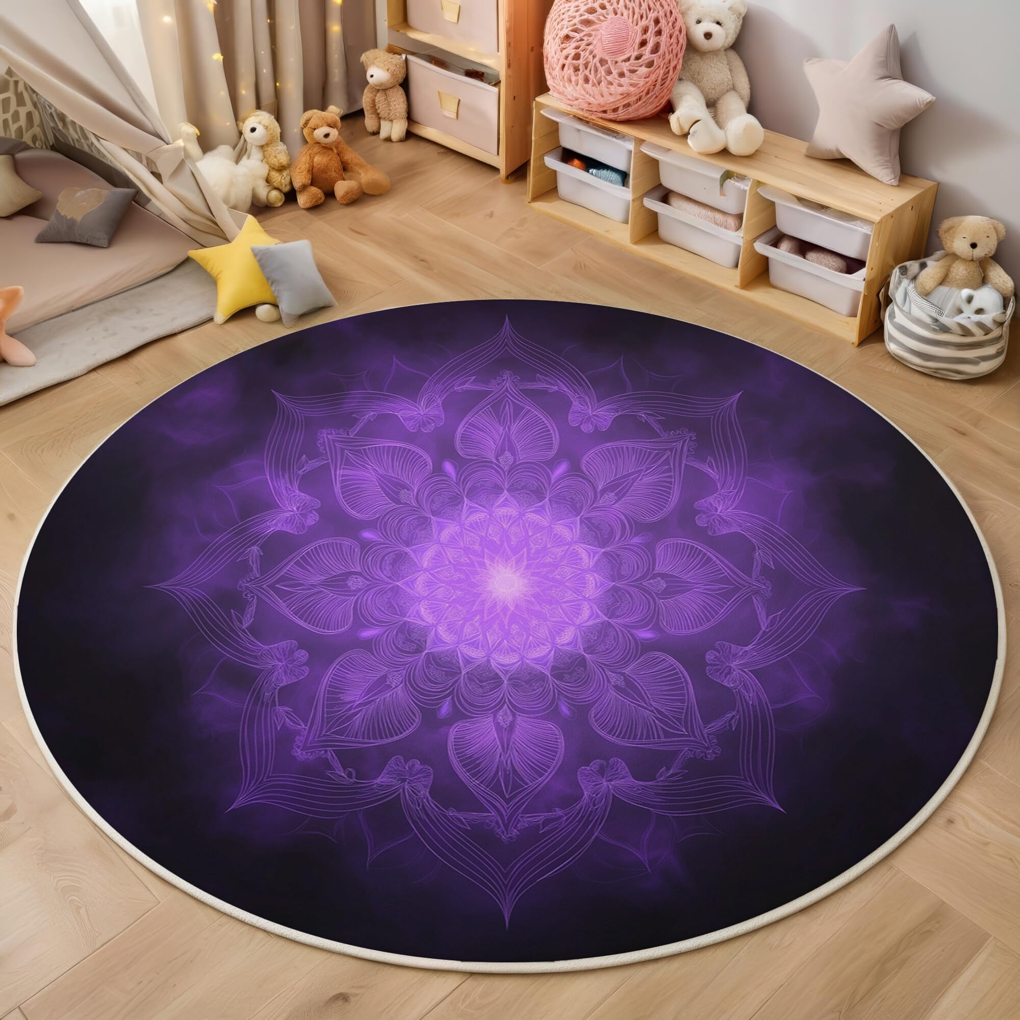 Rond Tapis Salon Violet Moquette 3D Mandala À Paillettes Chambre De Décoration Poil Ras Lavable en Machine Paillasson Plantes Psychédéliques Antidérapant Salle A Manger Chambre Adulte,100Cm