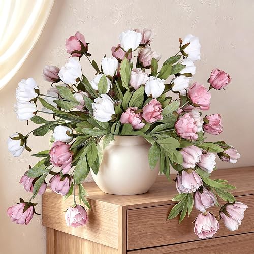 Artificial Flowers Stems Peonies, 27”, White & Brownish & Blush