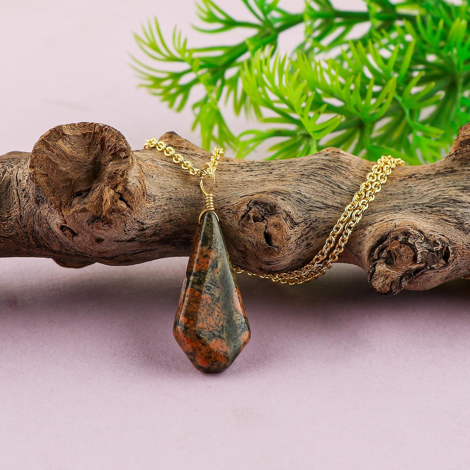 Natural Unakite Gemstone Necklace, Polished Coffin Stone Dainty Pendant, Handmade Bohemian Jewelry, Healing Crystals, Gold Plated Chain, Christmas Gift for Women-18inch - Image 2