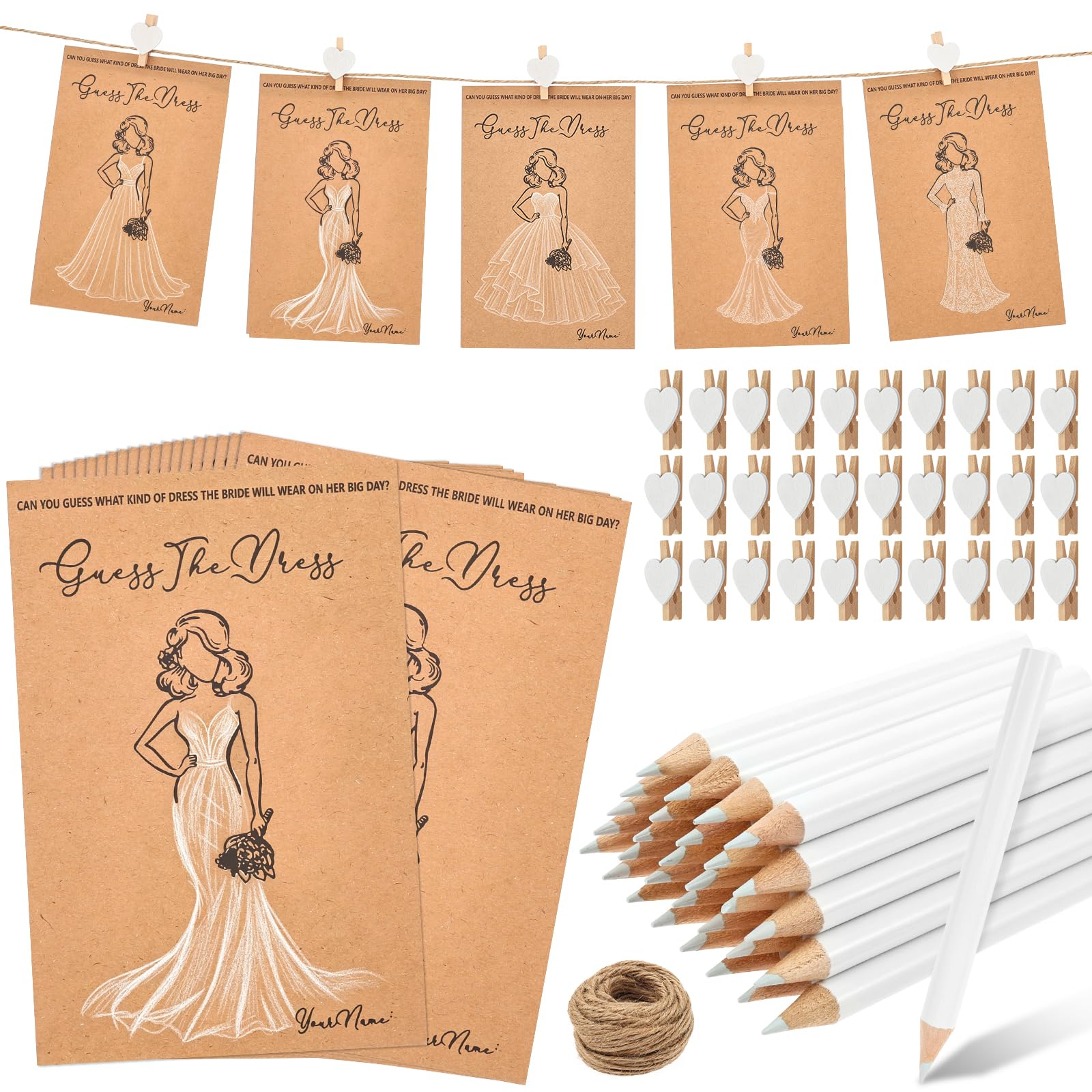 shaojian 30 Sets Guess The Dress Game Cards Set, Creative Hen Party Games with Pencils/Rope/Cards/Pegs, Fun Bridal Shower Game & Wedding Reception Activity for Guests(set A)