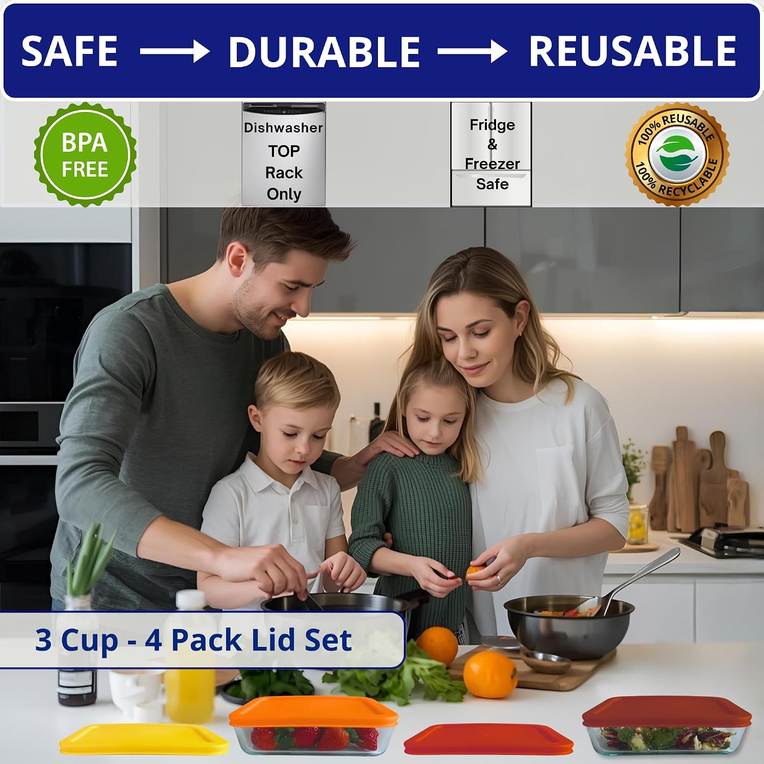 3 Cup/750 mL Red Replacement Lids/Covers for Pyrex 7210-PC, 3 Cup/24oz Anchor Hocking & Klare Ware Storage Bowls *Lids Only* - *Glass Container Not Included* (4 Pack, Yellow, Orange, Red, Cranberry)