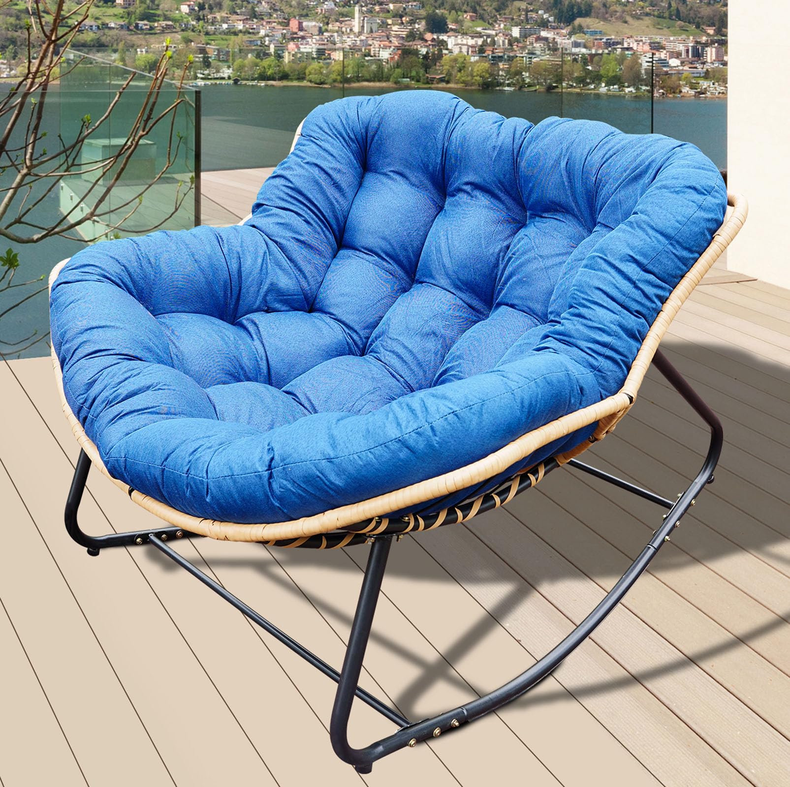 Oversized Papasan Rocking Chair Outdoor/Indoor, Extra Wide Egg Rocking Chair with Cushion, Modern Patio Rocker Comfy Rattan Lounge Chairs - 450lbs for Porch, Garden, Bedroom, Living Room (Blue)