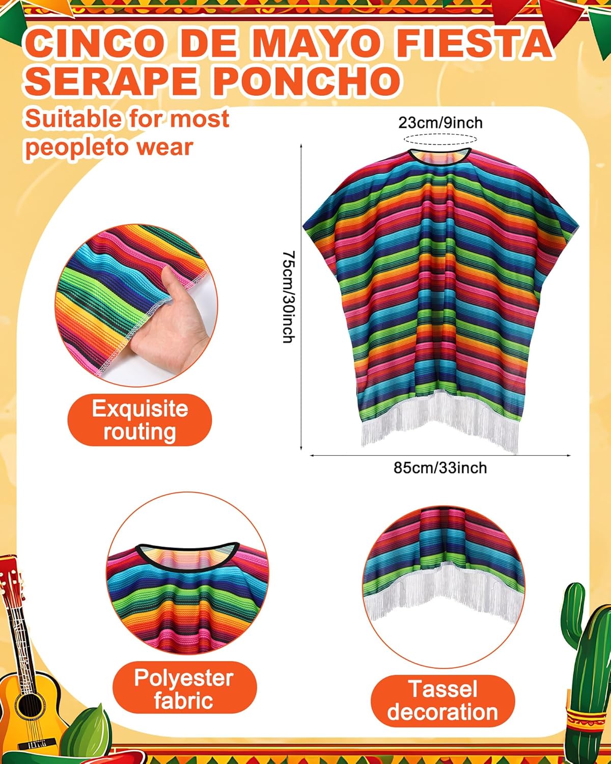Panitay 24 Pcs Mexican Poncho and Sombrero Set Fiesta Necklaces Bead, Cinco De Mayo Fiesta Poncho Outfit for Festive Supply