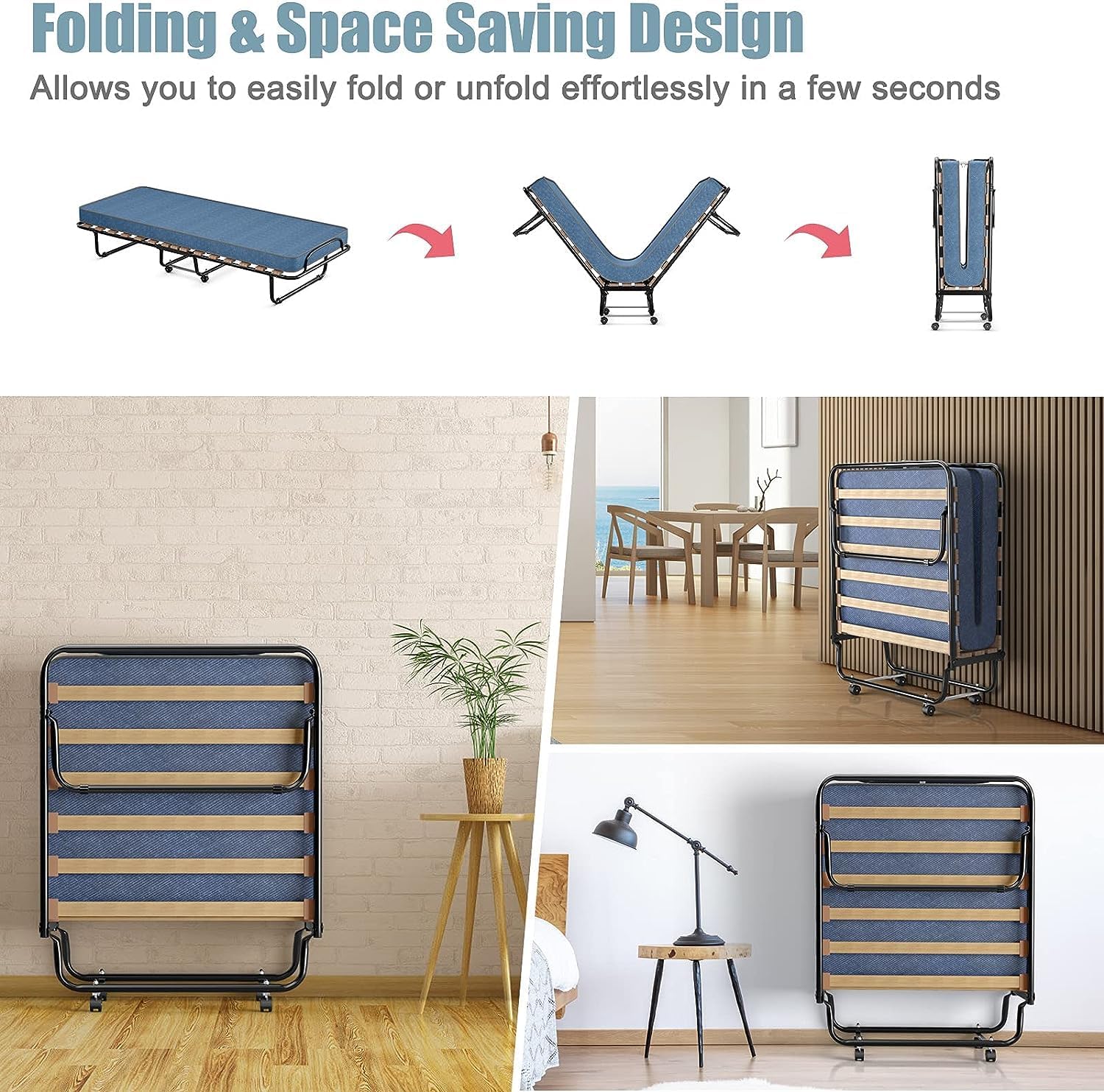 HAPPYGRILL Fold Away Bed, Fold Up Bed with Comfortable Memory Foam Mattress, 4 Universal Wheels, Sturdy Steel Frame,Potable Fold Up Bed for Home & Office, Folding Bed