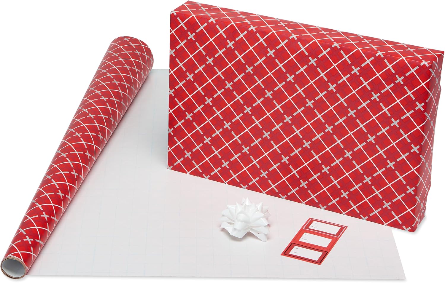 American Greetings Red, Black, and White Plaid Christmas Wrapping Paper Set, Holiday Gift Wrap (120 sq. ft., 4 rolls-30 in. x 12 ft., 7 Adhesive Bows, 30 Gift Tag Stickers)