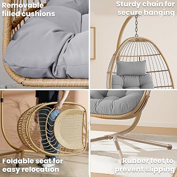 Foldable Hanging Egg Chair with Stand – Rattan Swing Chair with Grey Cushions & Headrest – Indoor/Outdoor Garden Patio Use Hammock Pod (Bamboo, 1 Seater)