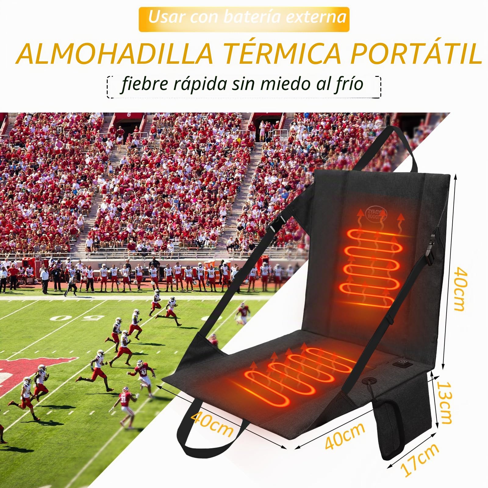 Cojín térmico para asiento de estadio, inalámbrico, recargable, batería USB de 149 F, almohadilla térmica portátil para acampar al aire libre, pesca, 3 ajustes de calor (banco de energía no incluido)