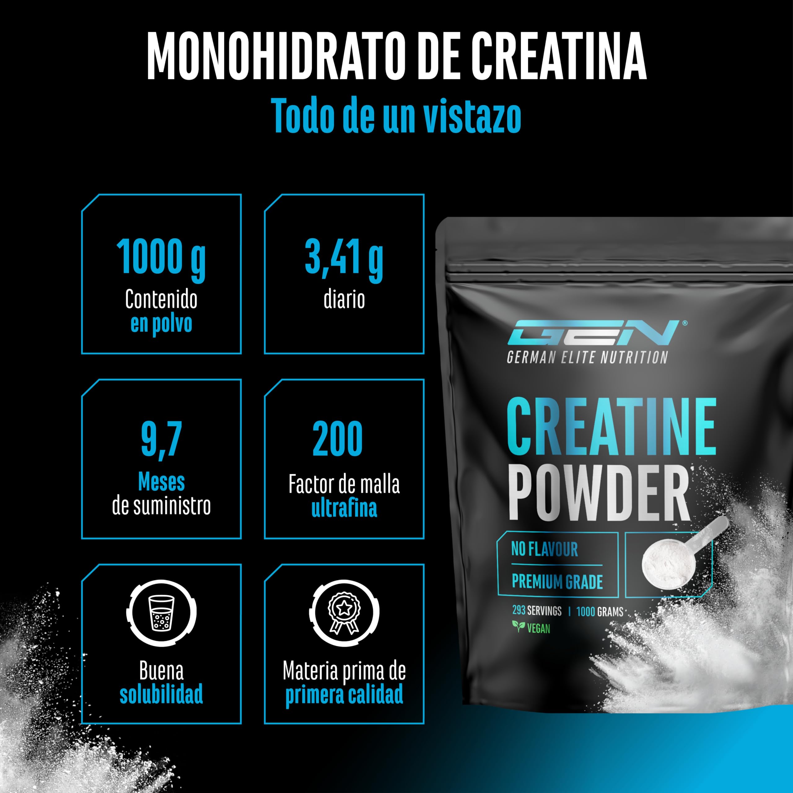 Creatina Monohidrato en Polvo 1000 g – Creatina Monohidrato Microfina, muy Soluble y de Alta Dosificación – Sin Aditivos innecesarios – Vegana – 293 Porciones