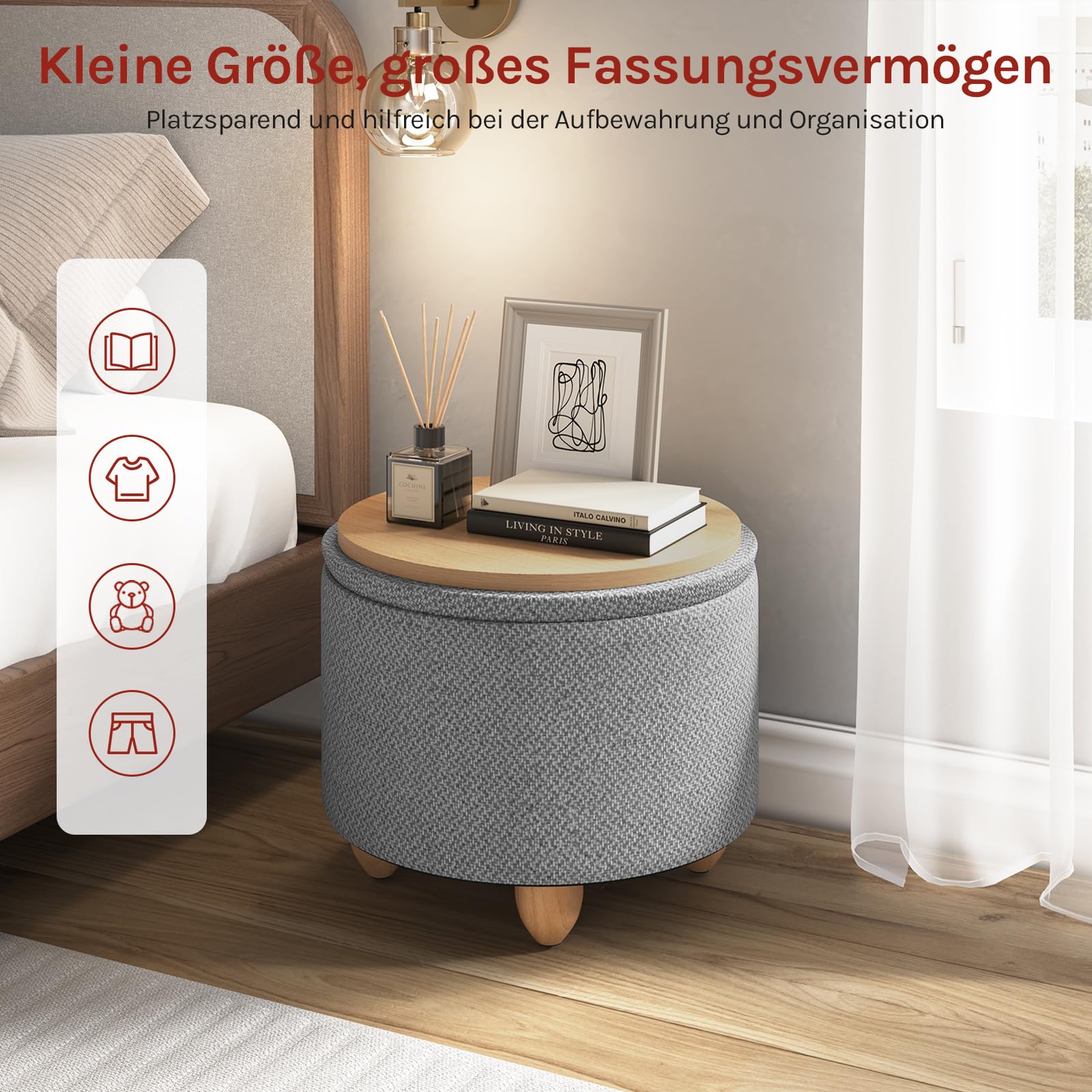 WOLTU Hocker mit Stauraum, Sitzhocker Gepolstert rund, Couchtisch mit Massivholzbeine, Fußhocker mit Deckel, Leinenbezug, Ø39x33 cm, Hellgrau
