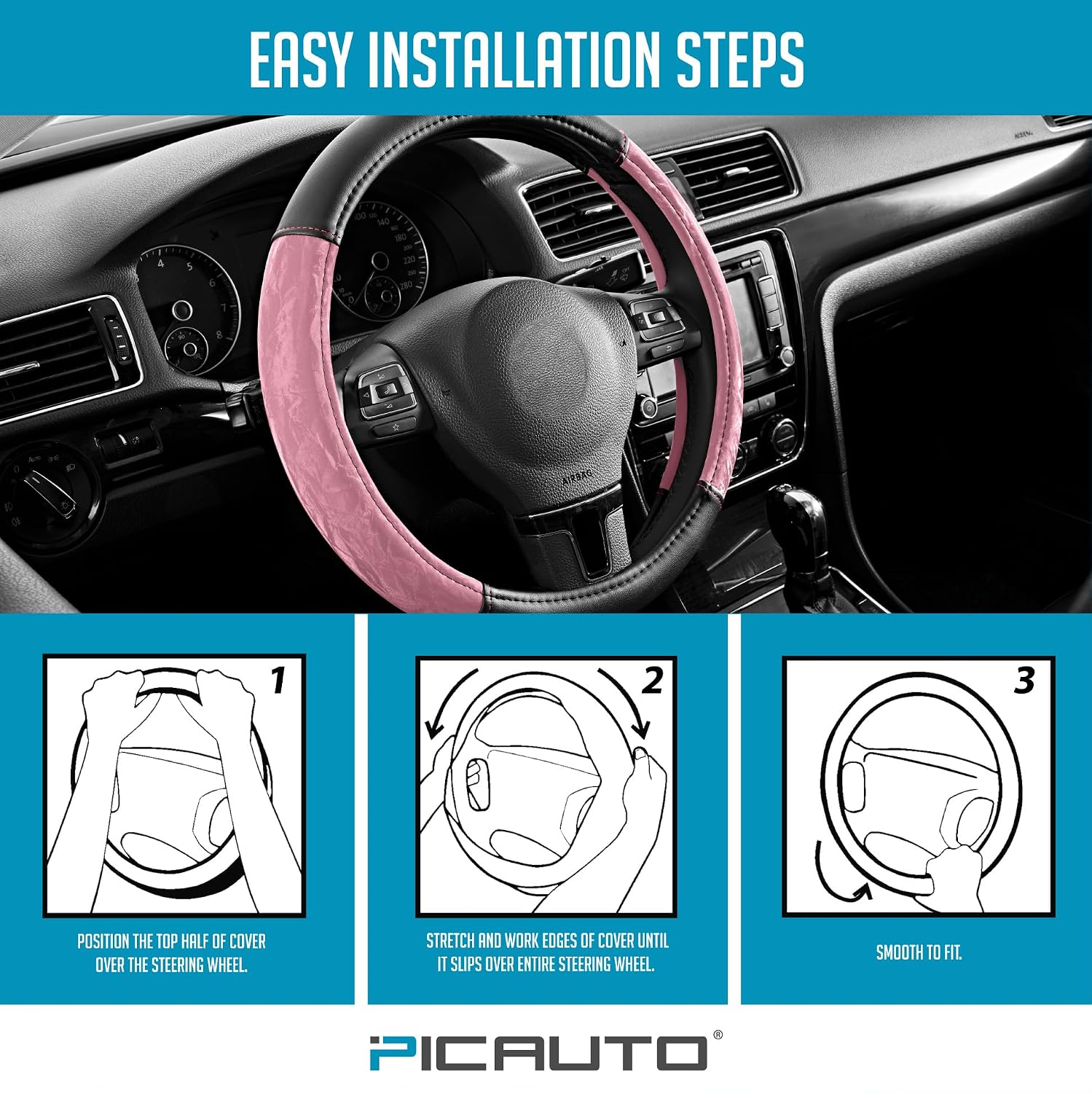 PIC AUTO Steering Wheel Cover, Silk Grain Leather Car Steering Wheel Protector, Comfortable Grip, Universal 14.5-15.5 Inch Anti-Slip Steering Wheels Accessories for Men & Women (Pink)