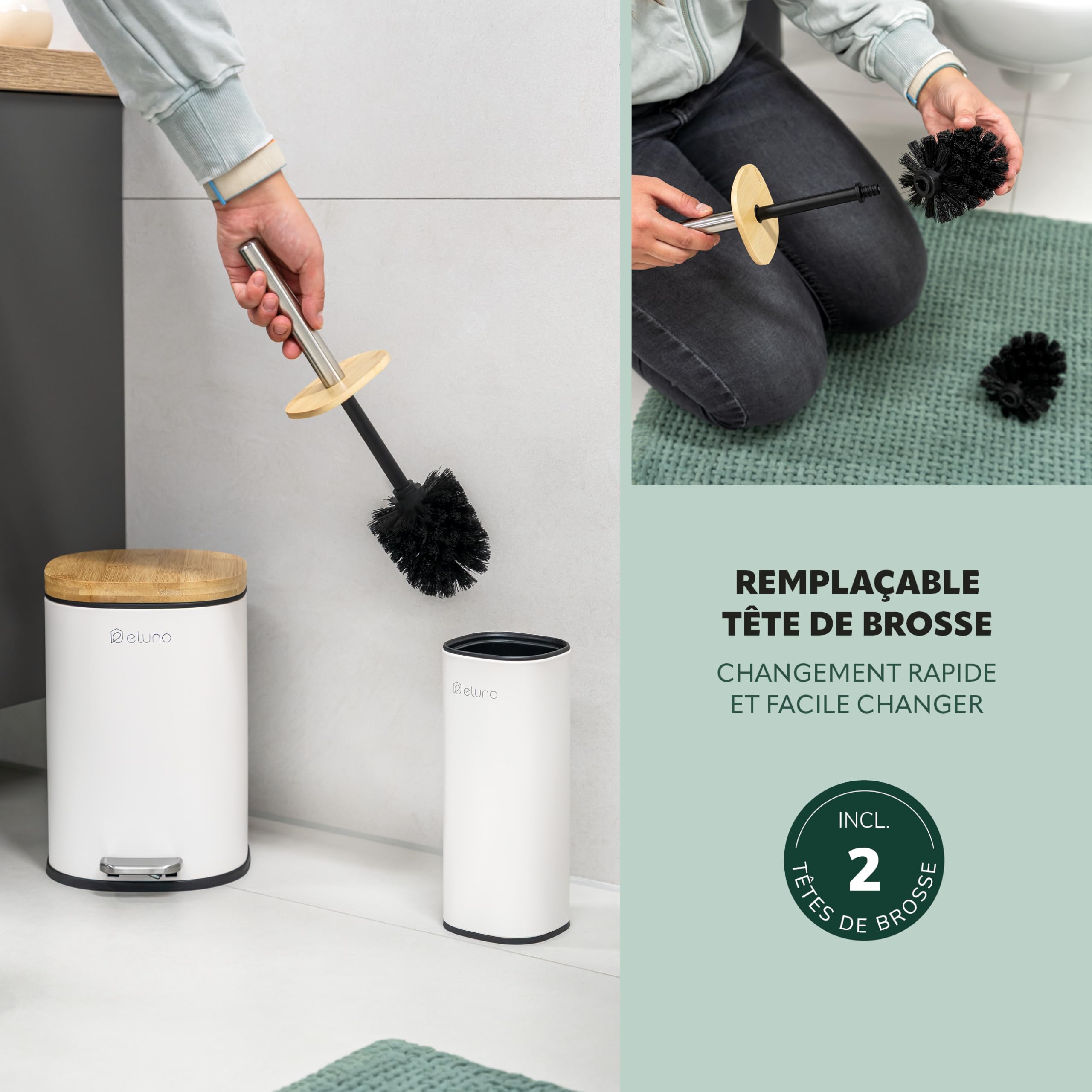 eluno Framura - Lot de 2 accessoires de salle de bain - 1 poubelle de salle de bain avec couvercle à fermeture douce et une capacité de 5 litres et 1 ensemble WC - En métal avec couvercle en bambou