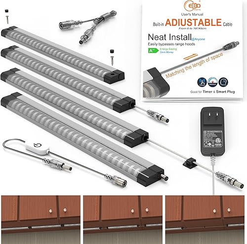 EBD Barra de iluminación LED para debajo del gabinete, cable ajustable integrado, instalación ordenada, luces debajo de la encimera, para cocina,