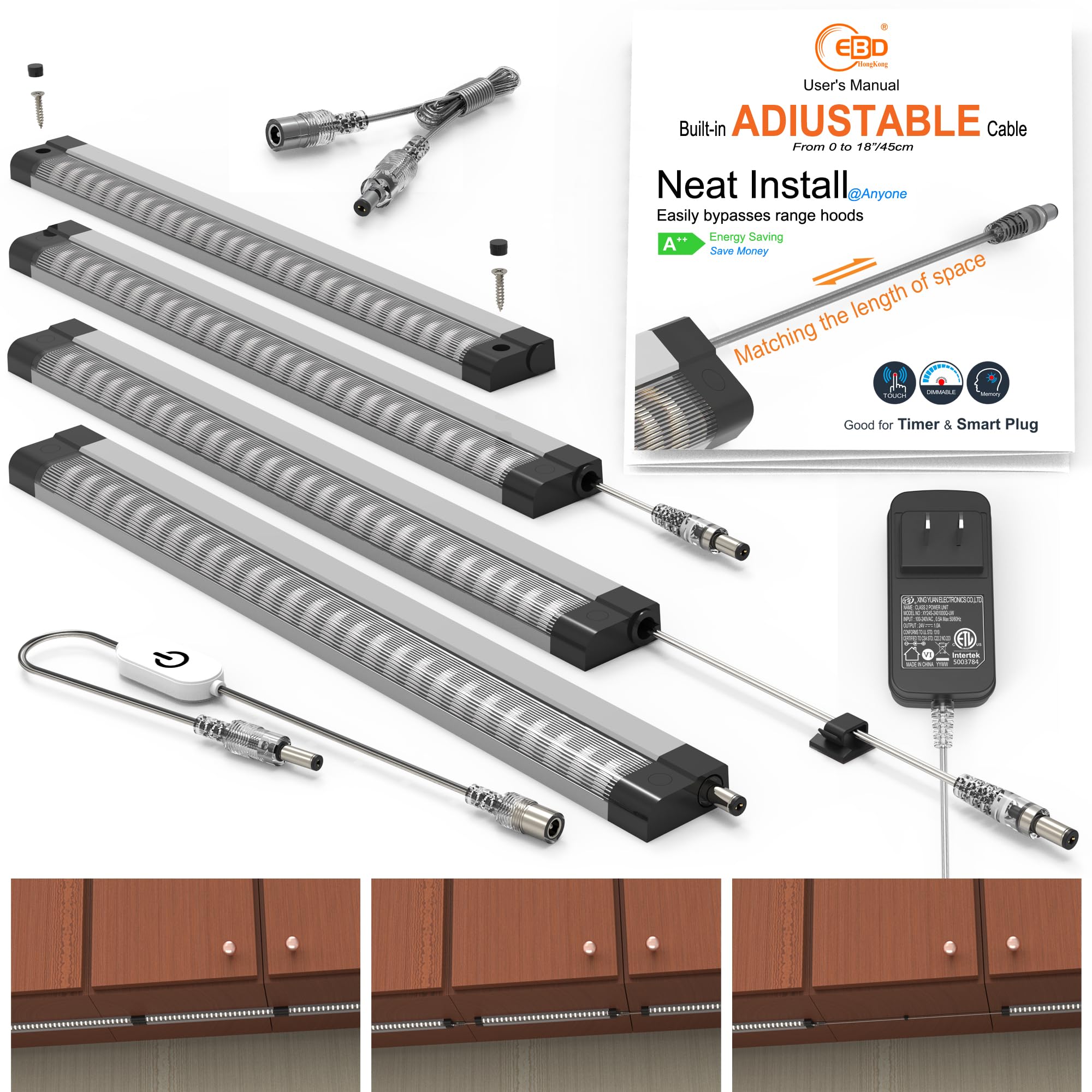 EBD under cabinet lights hardwired Built-in ADJUSTABLE Cable Neat Install under counter lights for kitchen closet shelf workbench bookshelf sink cupboard 4 Pcs 3000K Warm White 1800Lm light strip