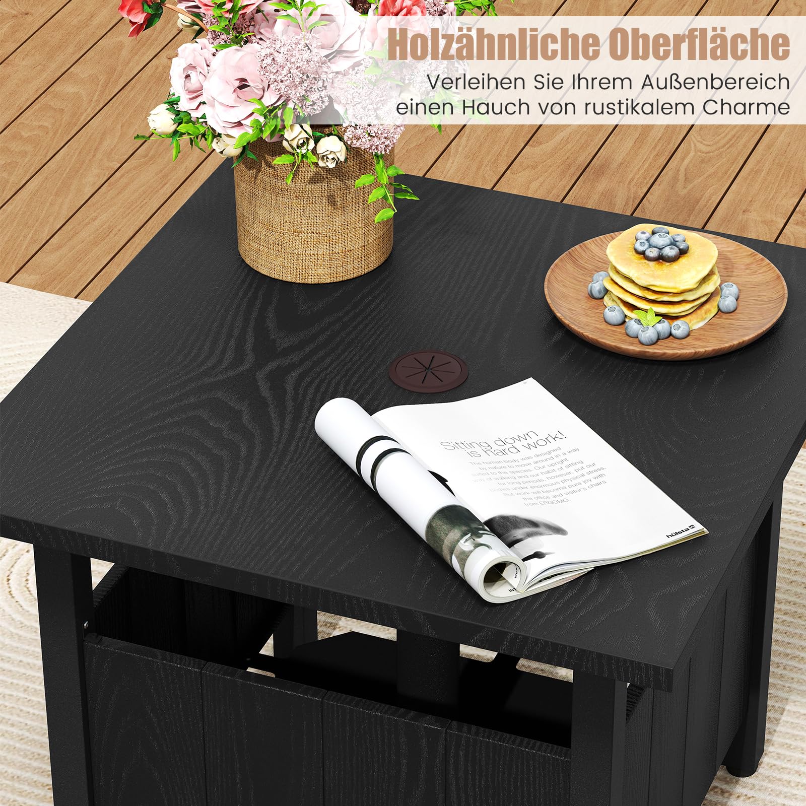 COSTWAY Stolik pomocniczy Outdoor, odporny na warunki atmosferyczne, metalowy stół ogrodowy z otworem na parasol i 2 workami na piasek, mały stolik balkonowy, stolik kawowy do ogrodu, na balkon, taras