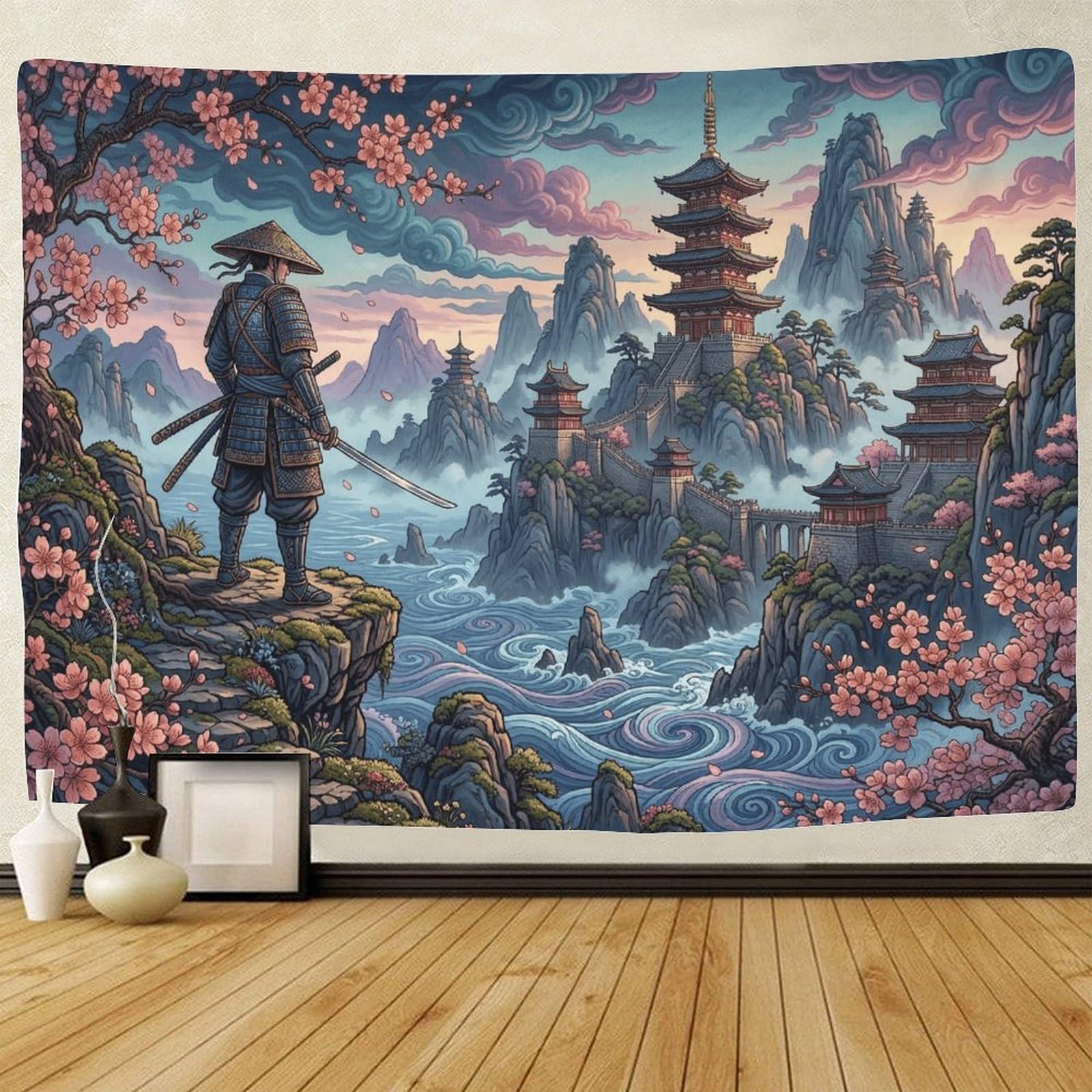 GPMNBCXZK Japanese Samurai 3D Printed Wall Hanging Pagoda Bedroom Living Room Decoration Wall Tapestry 100cmx150cm