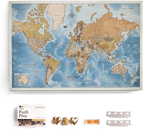 Mapa del mundo en lienzo con tablero de corcho - Letras inglesas - Decoración decorativa de pared para todas las habitaciones - Cuadros en lienzo