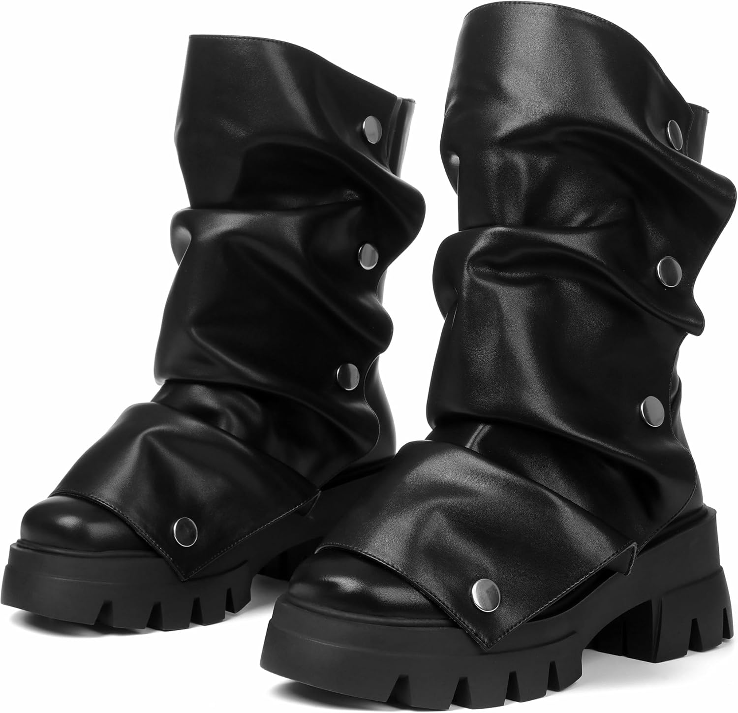 Celbreez Slouchy Boots for Women Fold Over Platform Boots Round Toe Pull On Leather Goth Boot Punk Mid Calf Chunky Stacked Heel 2025 Button Party Shoes Combat Motorcycle Boot - Image 6