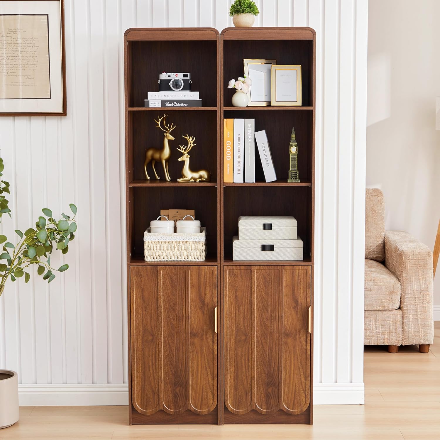 ORRD Narrow Tall Bathroom Storage Cabinet, Freestanding Storage Cabinet with Open Storage Compartments and Adjustable Shelf for Small Space, Bathroom, Living Room, Kitchen, (Walnut)