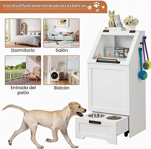 Foto 4 de 8 de IDEALHOUSE Estación alimentación Perro 11kg Armario Cuencos Acero - Blanco
