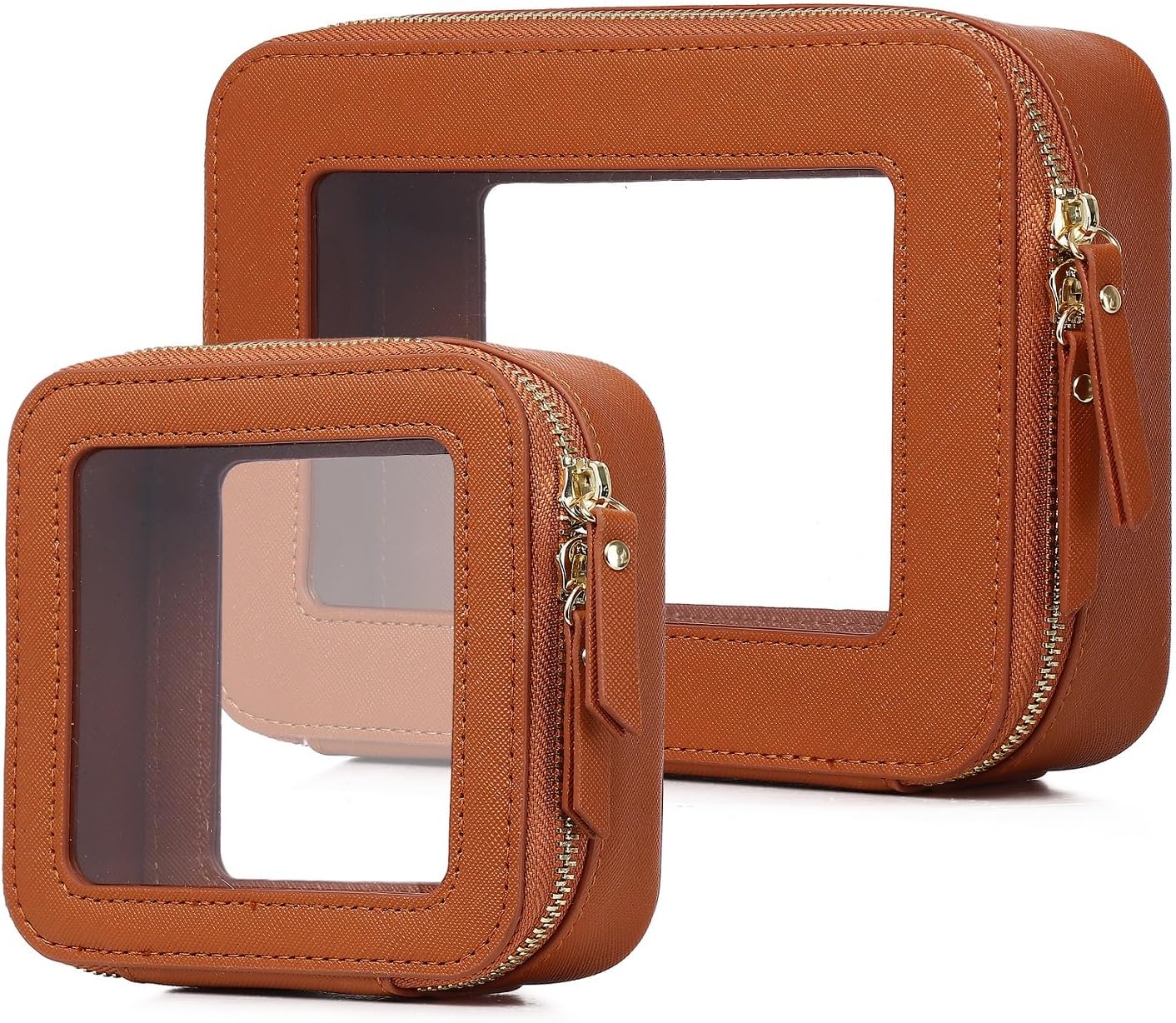 Clear Makeup Bag Set Travel Cosmetic Bag and Toiletry Bag Women's Purse Pouch Cosmetic Stroage Organizer Case with Zipper Car Essentials (Brown, M+Mini)