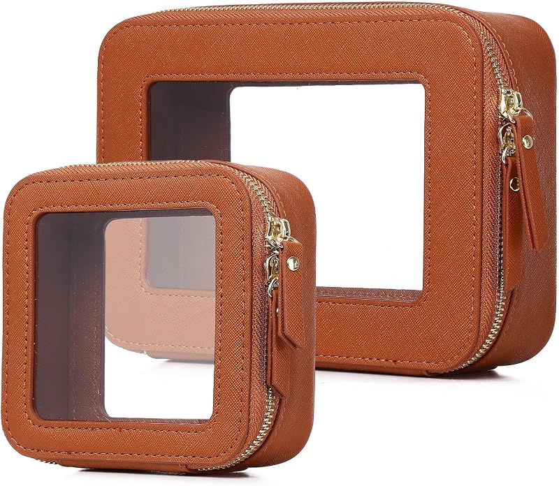 Necessaire transparente Pinkmik marrom com zíper, conjunto com 2