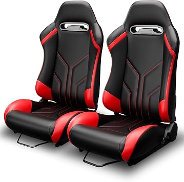 2 Universal Racing Seats with Dual Lock Sliders, 1 Pair of PVC Leather Bucket Seats for Cars Black & Red