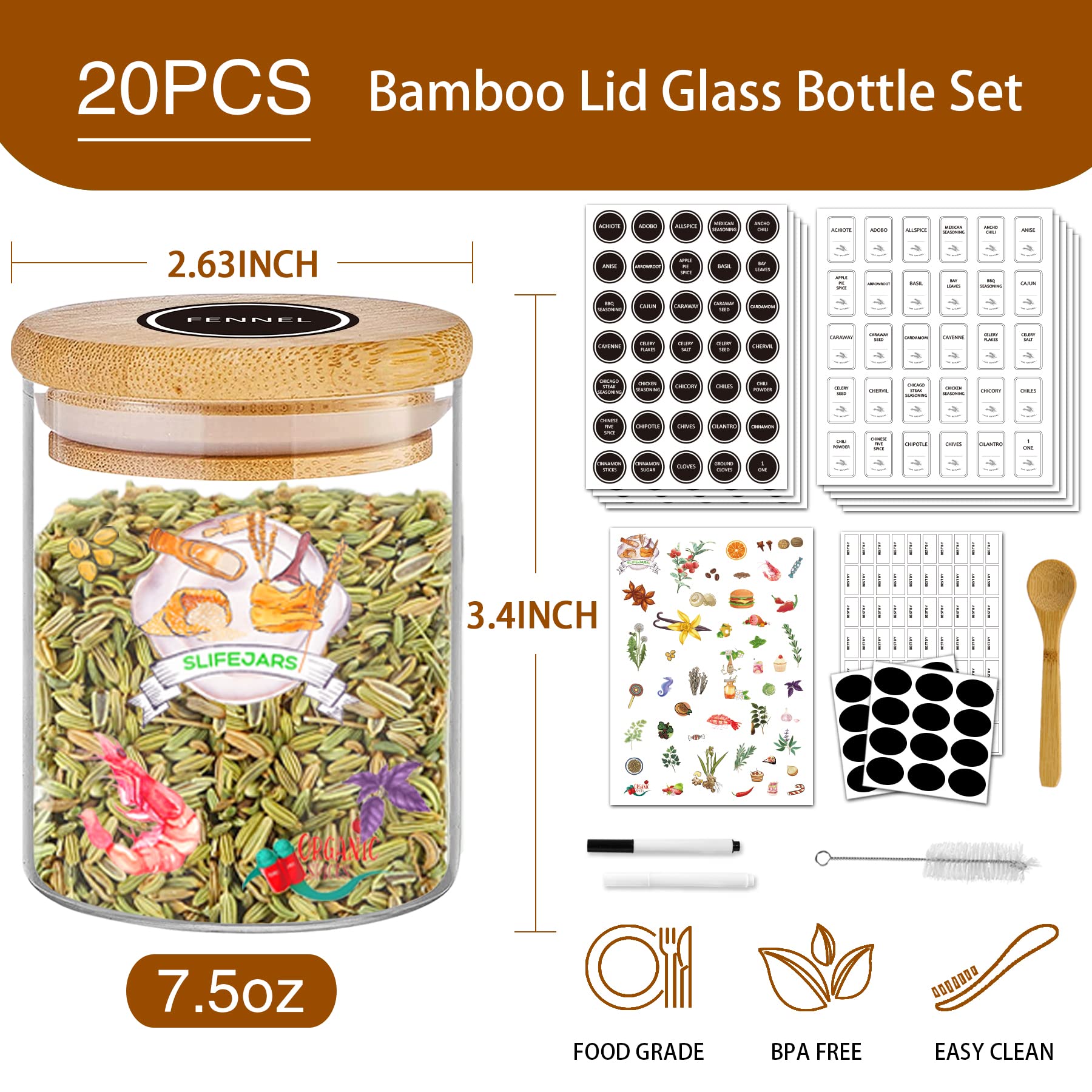 SLifeJars - Lot de 20 pots à épices avec étiquette, 212,6 g, pots à épices en verre avec couvercles en bambou, récipients d'assaisonnement, bouteilles à épices, pots à épices hermétiques vides pour