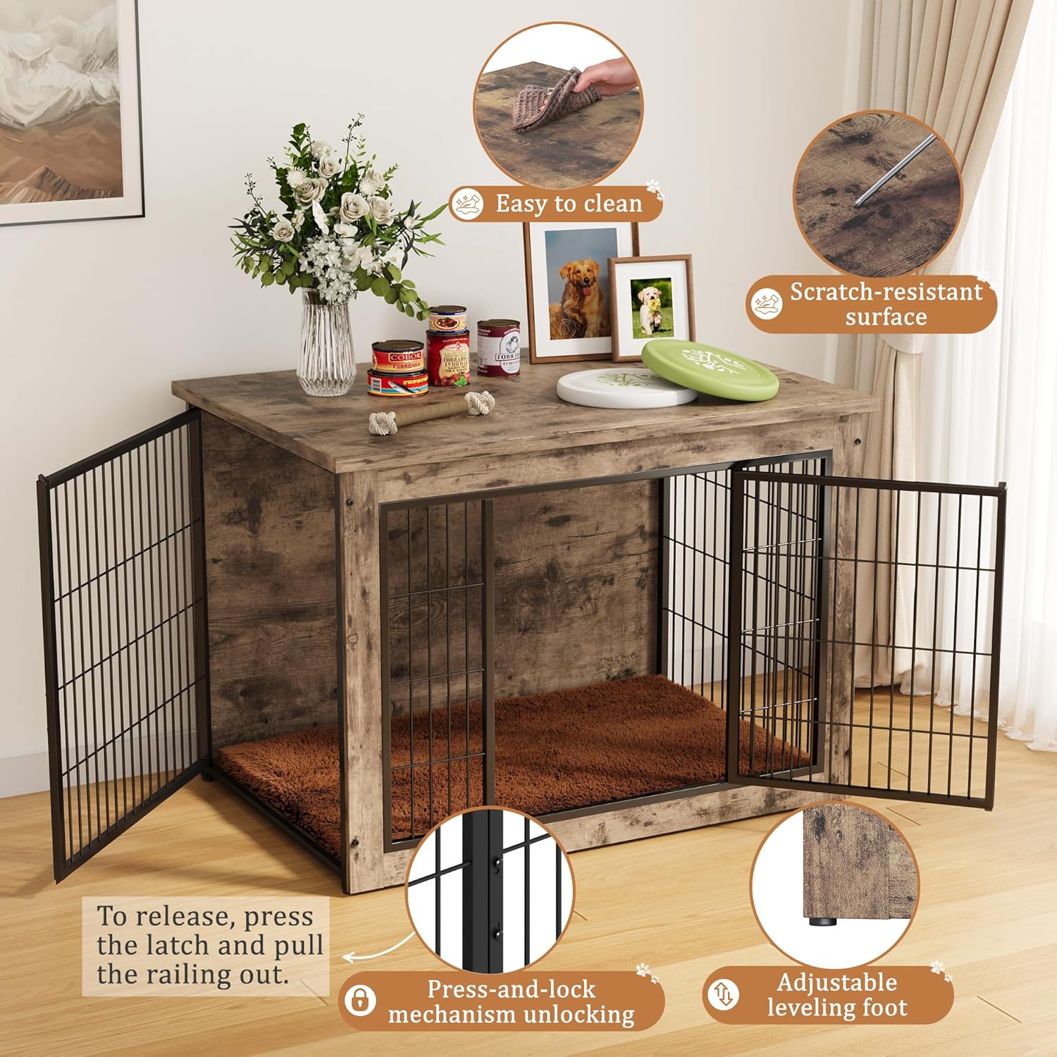 Greesum Modern Dog Crate Furniture That Doubles as a Side Table - Sturdy Wooden Kennel with Double Door Design, Equipped with Soft Cushion & Chew-Resistant Resign, Suitable for Dogs