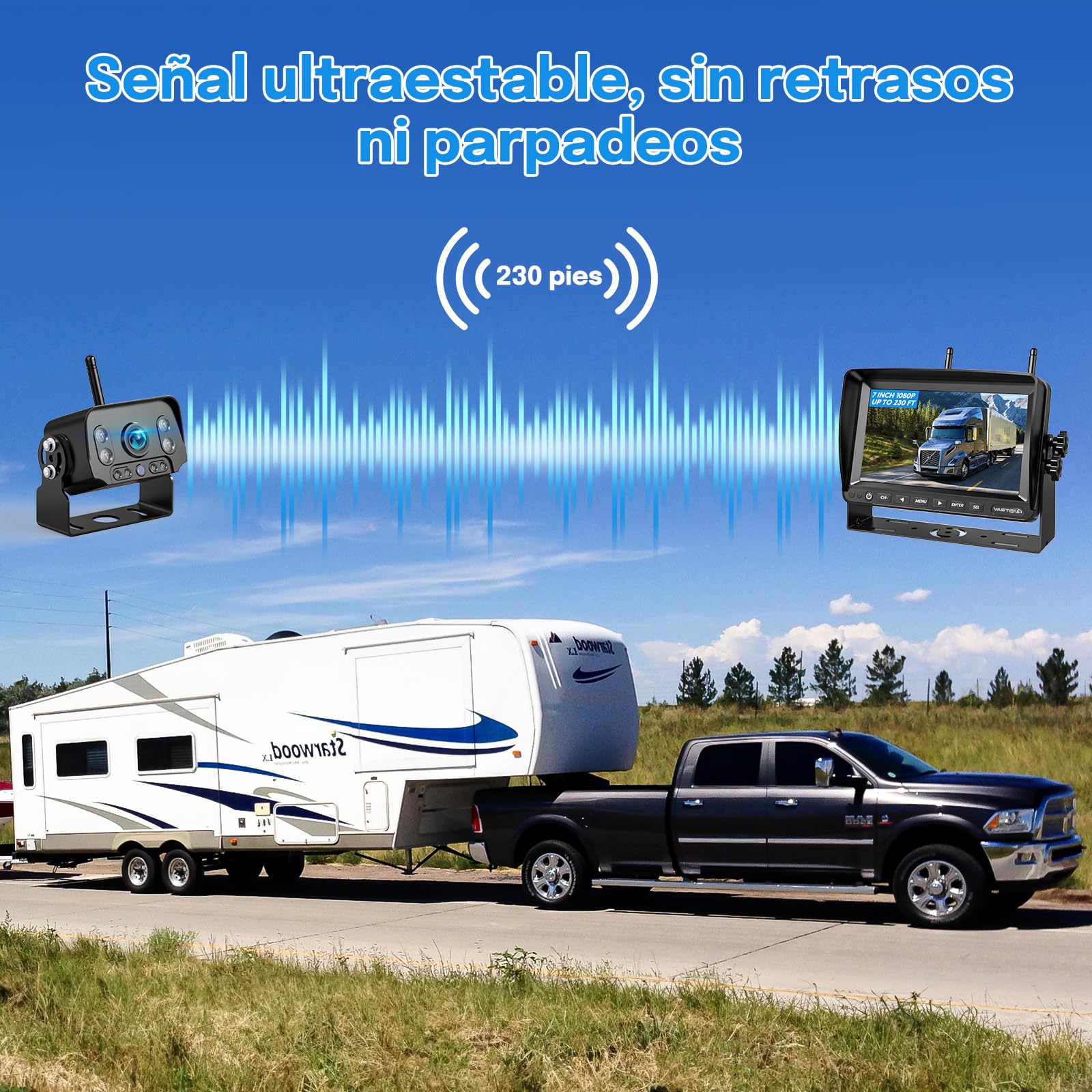 Camara Trasera Inalámbrica para Coche Kit, 7 Pulgadas Cámara de Marcha Atrás Coche con 1080P Monitor, Súper Visión Nocturna, IP69 Impermeable, para Camión, Remolques, RV, Caravana(VE-7A)