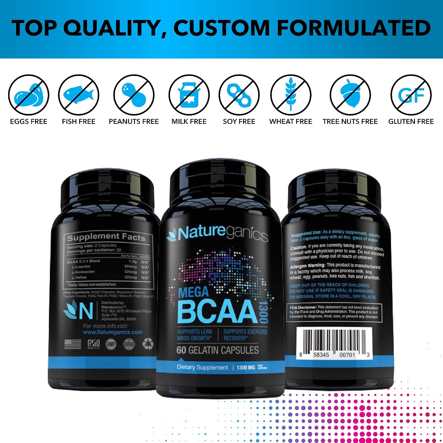 MEGA BCAA 2PK Branched Chain Amino Acids – Multiuse Natural Preworkout Bcaas for Mental Clarity and Faster Muscle Recovery, 1300 mg, 120 Capsules by Natureganics