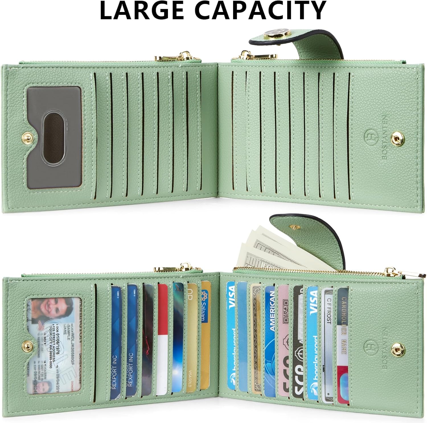 BOSTANTEN Leather Wallets for Women Large RFID Blocking Slim Bifold Purse Card Holder with Zipper Pocket Global Recycled Standard Global Recycled Standard Global Recycled Standard - Image 6