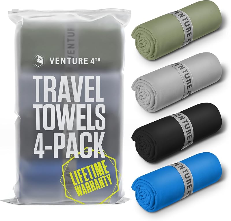 VENTURE 4TH 4-Pack Quick Dry Microfiber Towels - Multicolor Large | Absorbs 7x more than cotton. Fast-drying, odor-resistant microfiber. Lightweight, compact & easy to pack for any trip.
