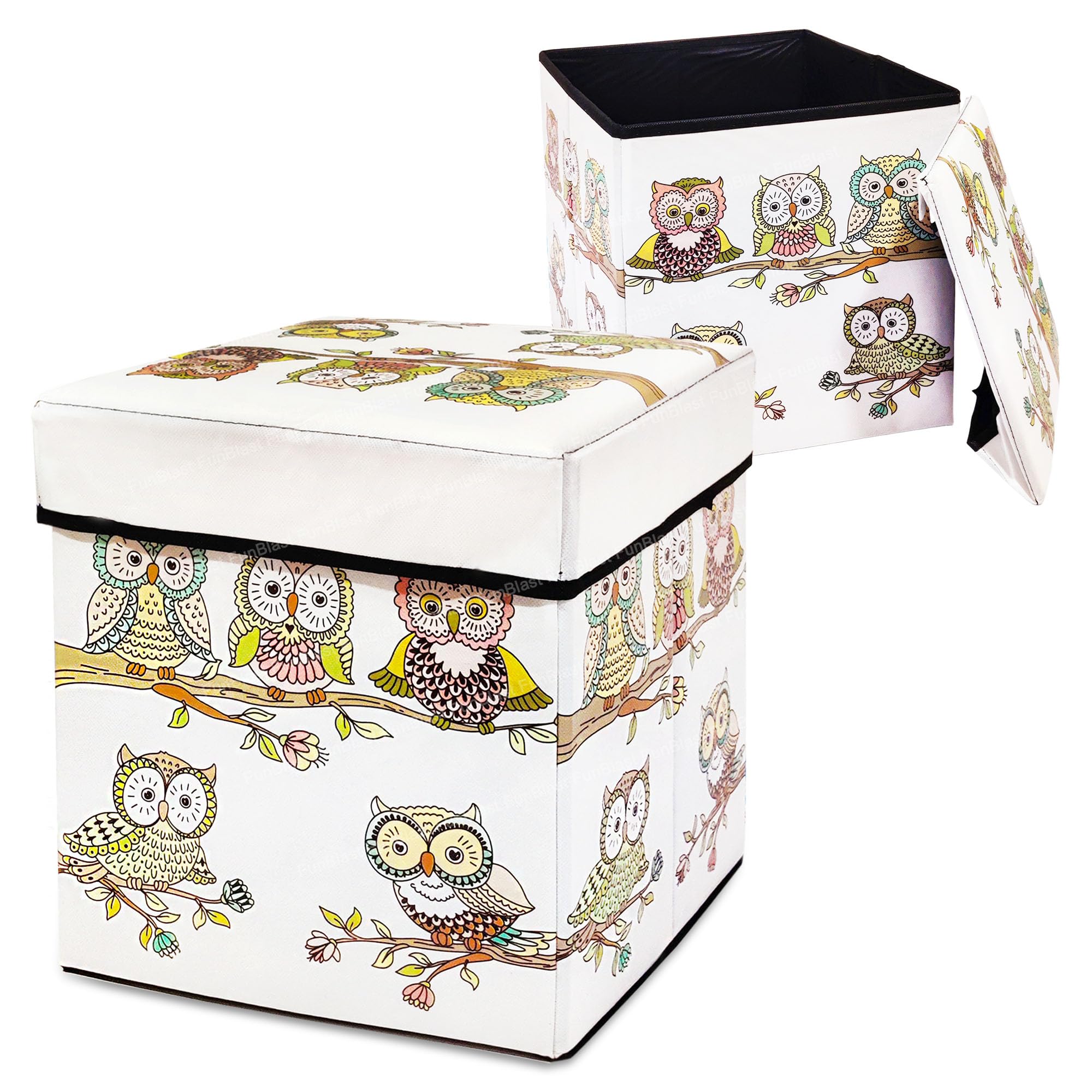 FunBlast Multi-Functional Folding Storage Ottoman Box Organizer Cum Stool with Seat Cushion, Storage Boxes for Toys for Kids (Owl)